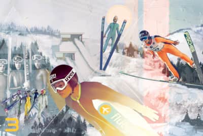 Influenced by digital mixed media work for ski and surf magazines, Park City-local Lindsey Larsen-Myer's style is a fusion of compositional movement using photography, line and color theory harmony. The use of three is an important element and formula in my work, she says. This work features Utah local Dan Campbell's photography, who photographed women's ski jumping for over a decade.